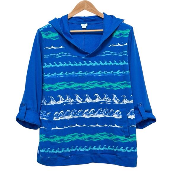 Sun Bay Waves Print Roll Tab Sleeve V-Neck Pullover Hoodie Blue Women's Size 2X - Picture 1 of 13